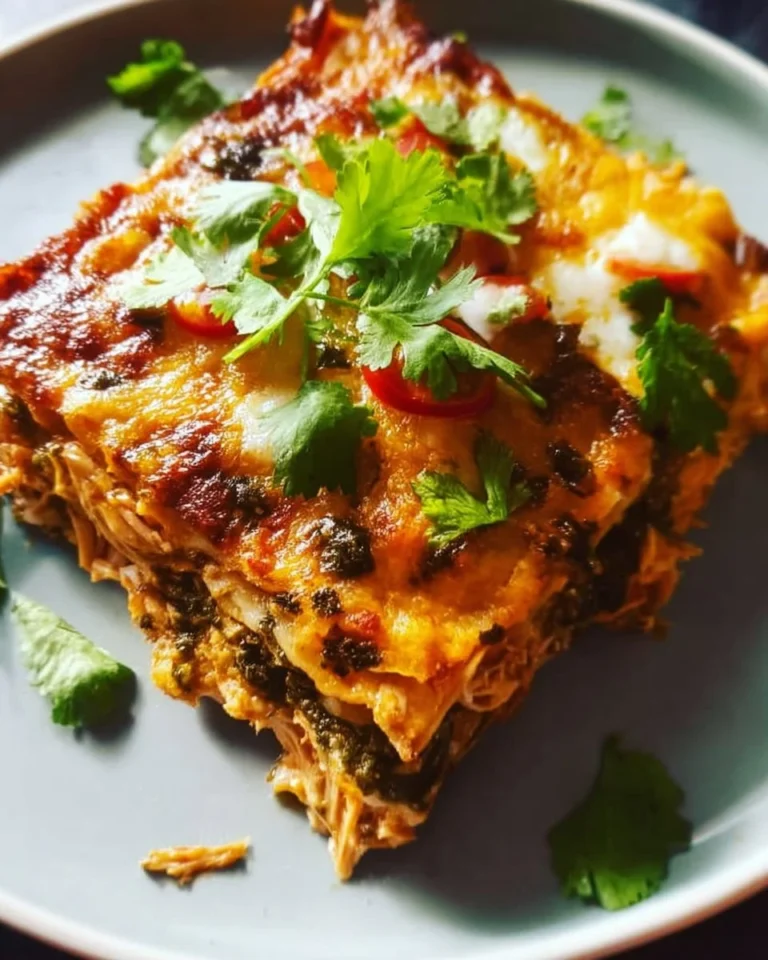 Delicious Shredded Chicken Mexican Lasagna served on a plate