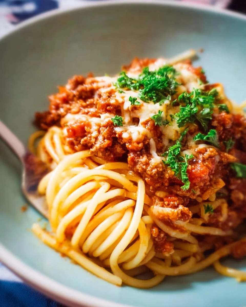 A bowl of slow cooker spaghetti garnished with fresh basil and grated cheese
