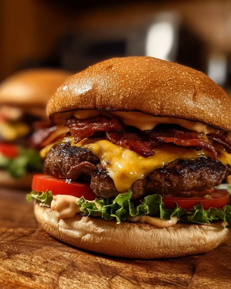 Delicious smash burgers topped with baconnaise on a wooden serving board.