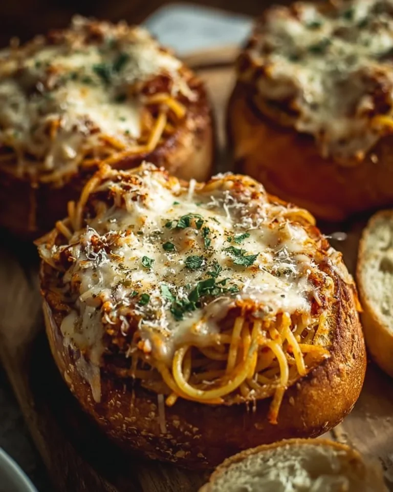 Spaghetti garlic bread bowls filled with spaghetti and topped with garlic flavor