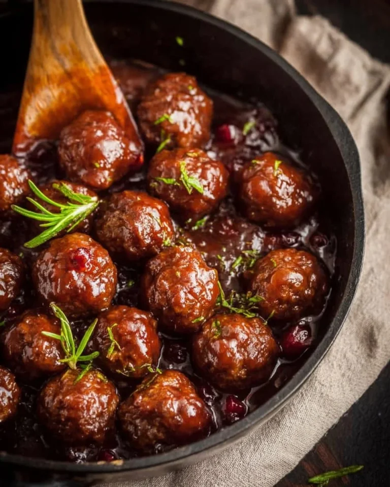 Spicy cranberry meatballs served on a platter with fresh parsley.