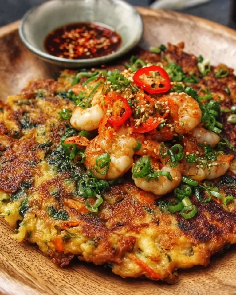 Spicy Korean Seafood Pancake served with dipping sauce on a plate