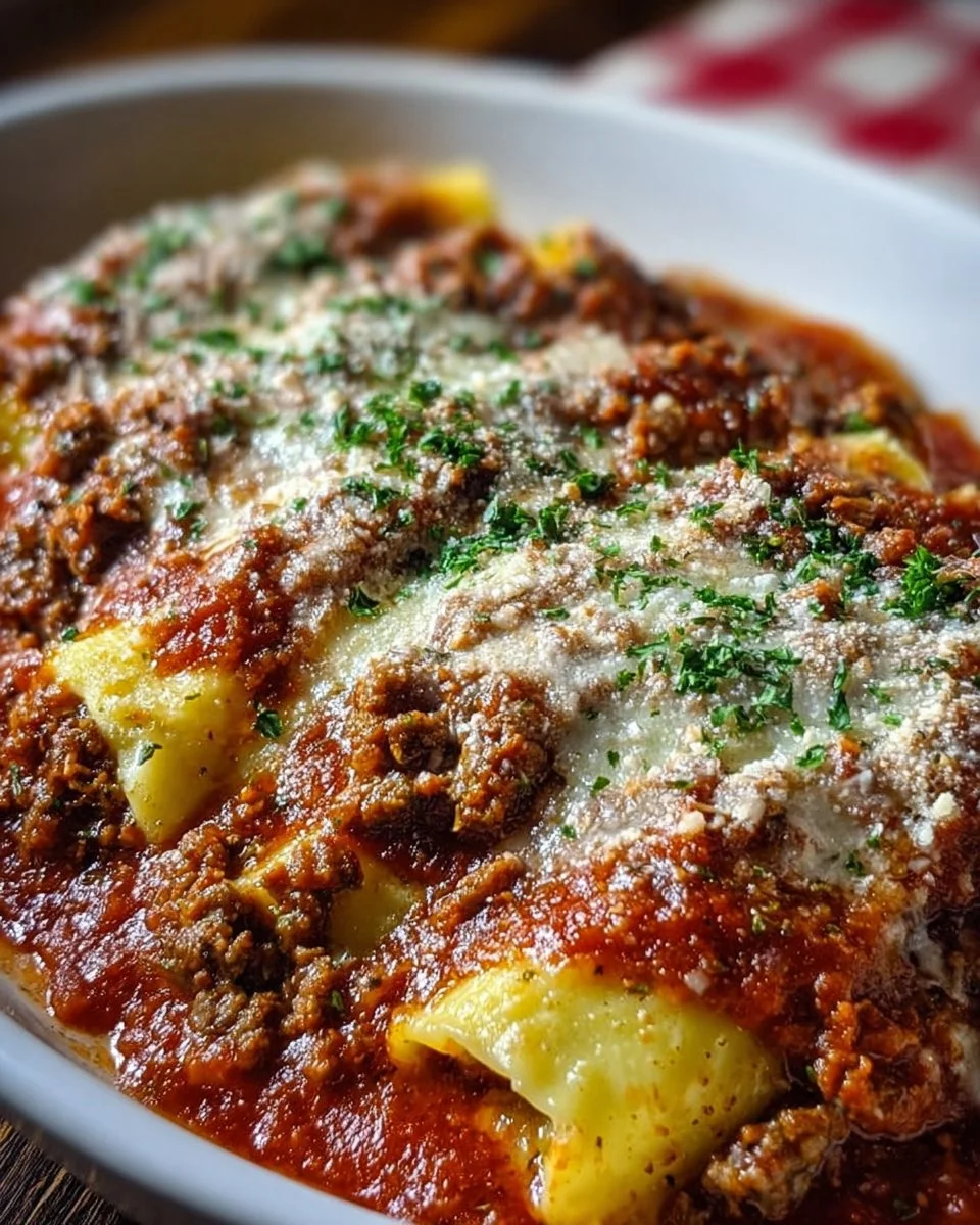 Delicious plate of stuffed manicotti topped with marinara sauce and fresh herbs