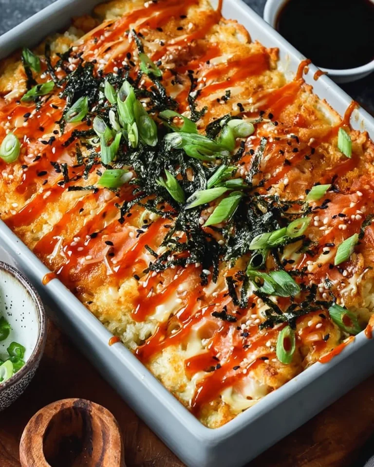 Sushi Bake Casserole served in a dish, showcasing layers of sushi ingredients