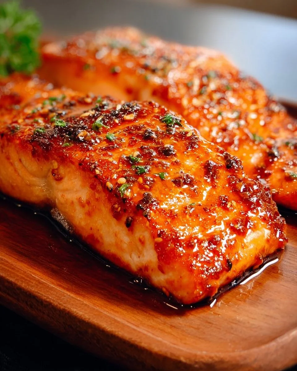 Air Fryer maple glazed salmon served on a plate with garnish