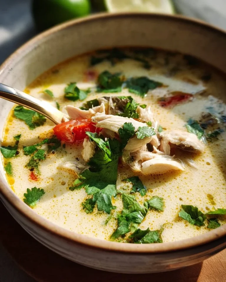 Bowl of Tasty Keto Chicken Coconut Soup topped with fresh herbs and spices