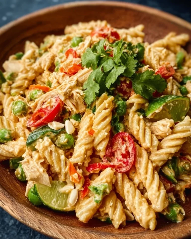 Thai Peanut Chicken Pasta Salad with fresh vegetables and a peanut dressing