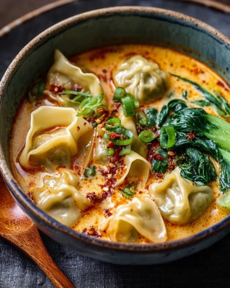 Delicious Thai Red Curry Wonton Soup garnished with fresh herbs