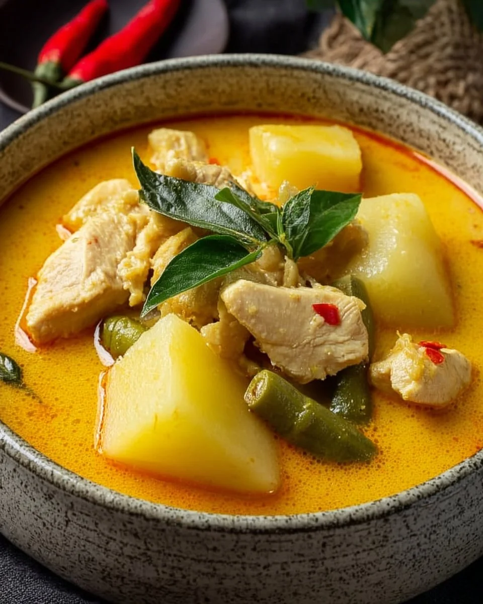 Bowl of Thai Winter Melon Curry with Chicken, garnished with fresh herbs