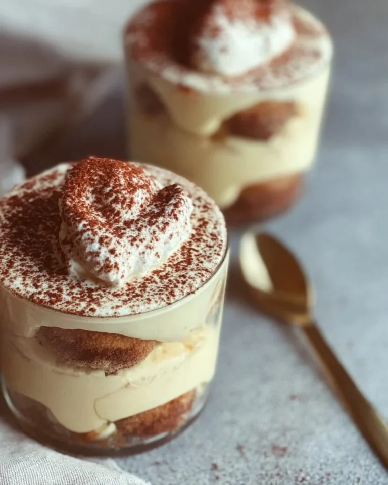 Delicious tiramisu cups filled with creamy coffee-flavored mascarpone and cocoa.