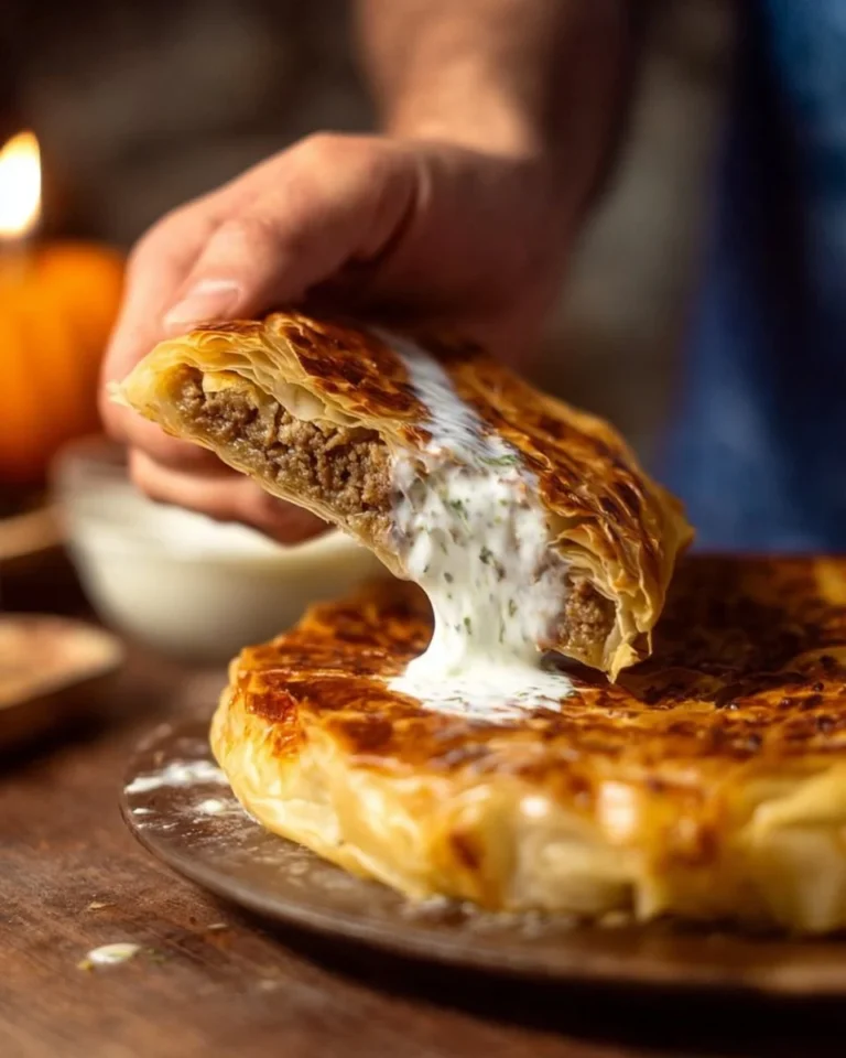 Plate of Traditional Balkan Burek with flaky pastry and savory filling