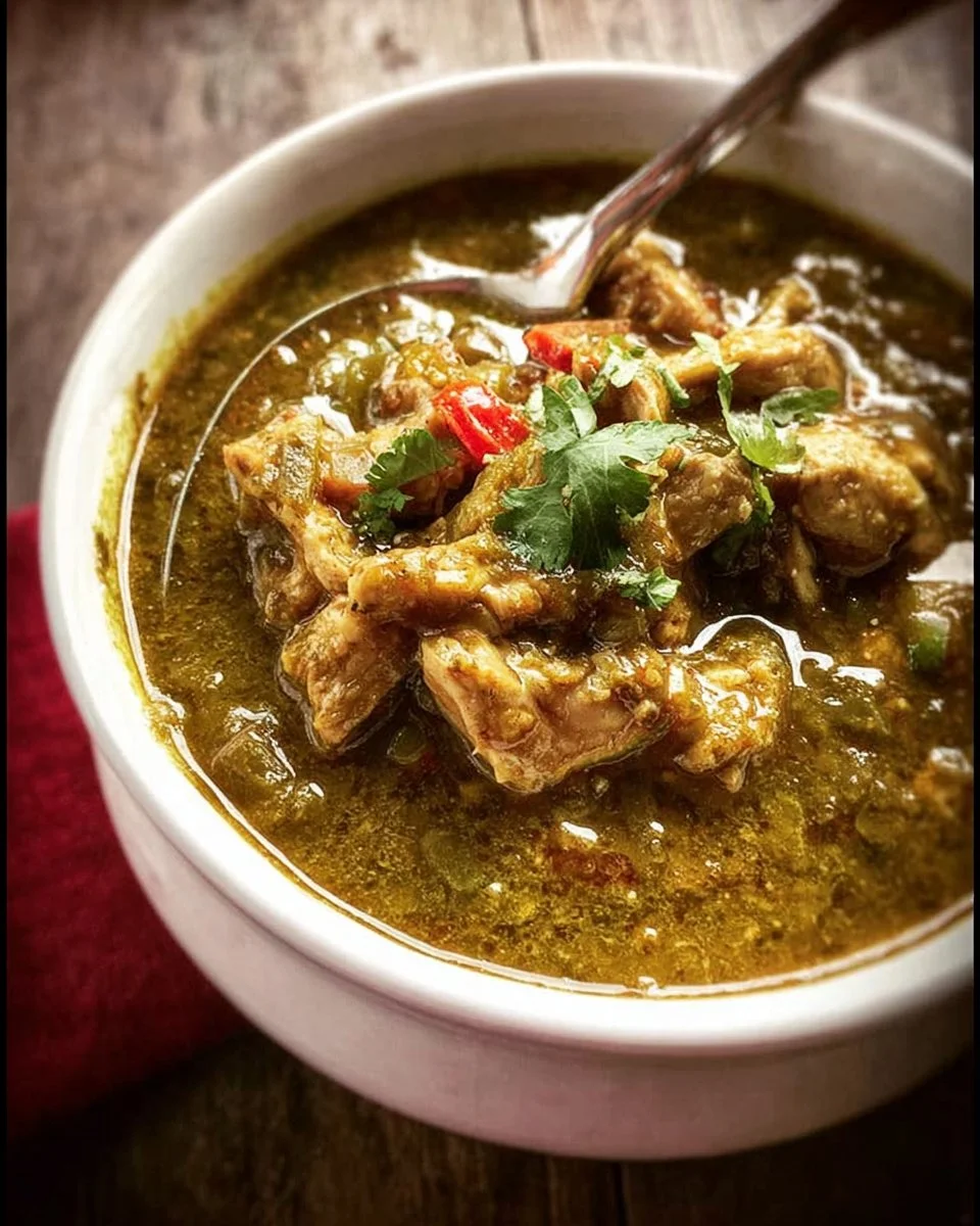 Bowl of Turkey Green Chili topped with cilantro and served with bread.