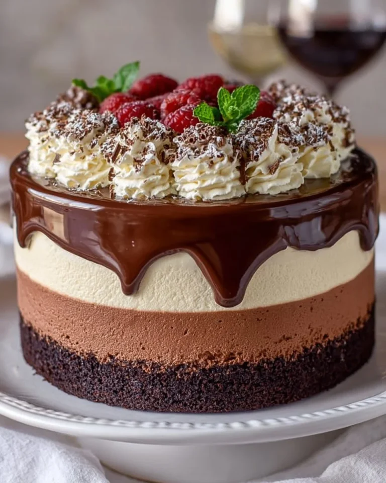 Delicious Tuxedo Cake with layers of chocolate and vanilla frosting