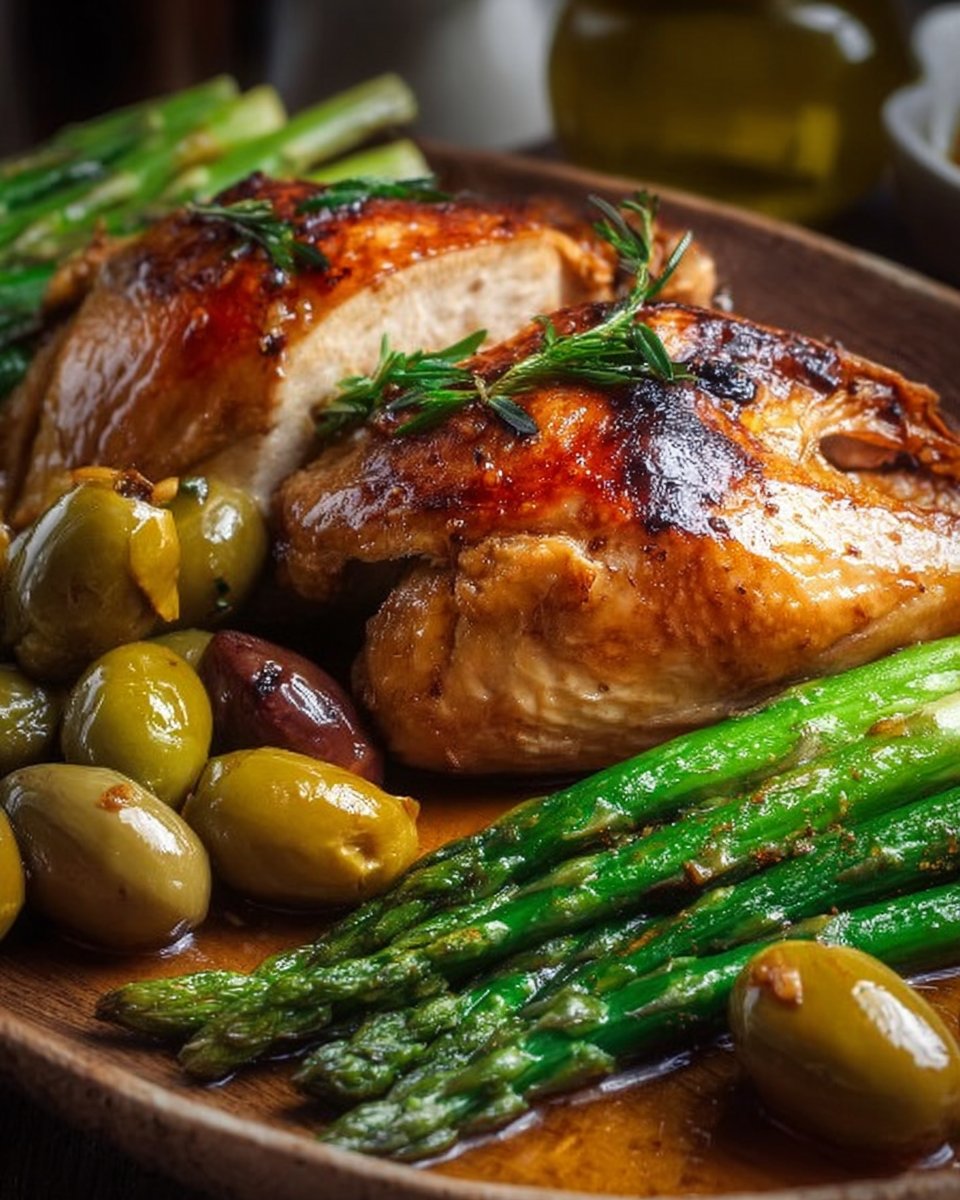 Spring Chicken Roasted with Asparagus & Green Olives Delight