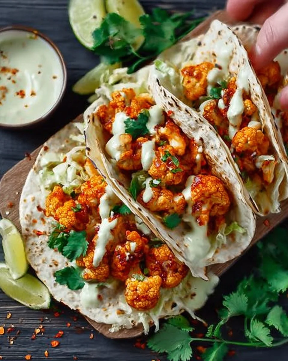 Delicious Vegan Buffalo Cauliflower Tacos topped with fresh vegetables