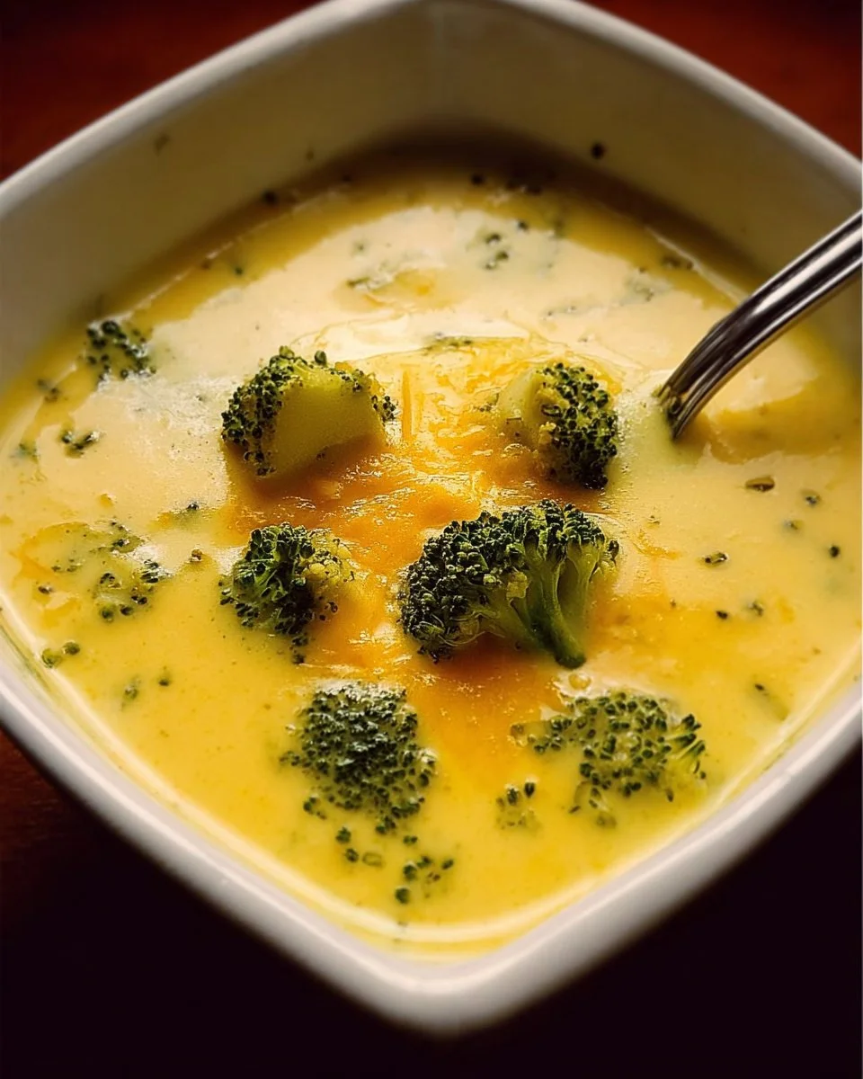 Creamy Velveeta Broccoli Cheddar Soup served in a bowl with fresh broccoli