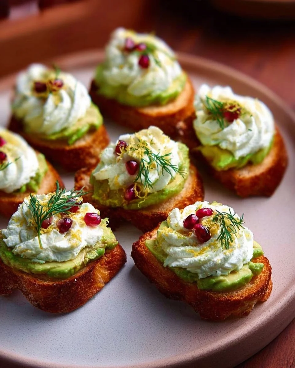 Whipped Ricotta Avocado Crostini garnished with fresh herbs and spices