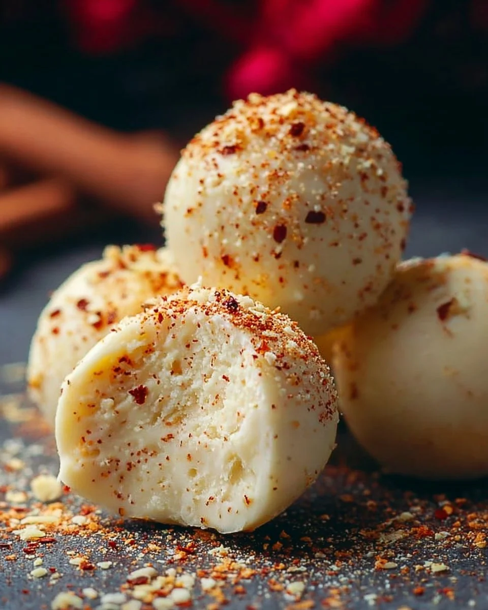 Delicious white chocolate eggnog truffles on a decorative plate