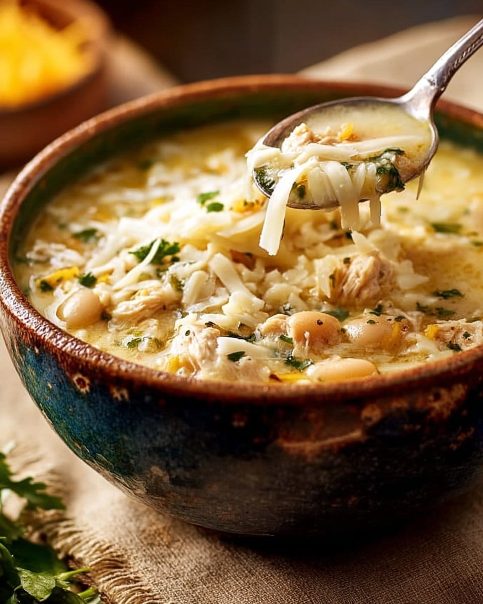 Homemade White Chicken Chili with Monterey Jack Cheese