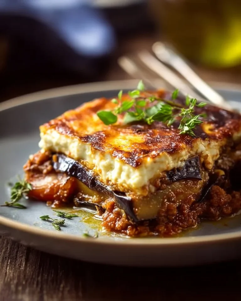 Delicious authentic Greek Moussaka with layers of eggplant and béchamel sauce.