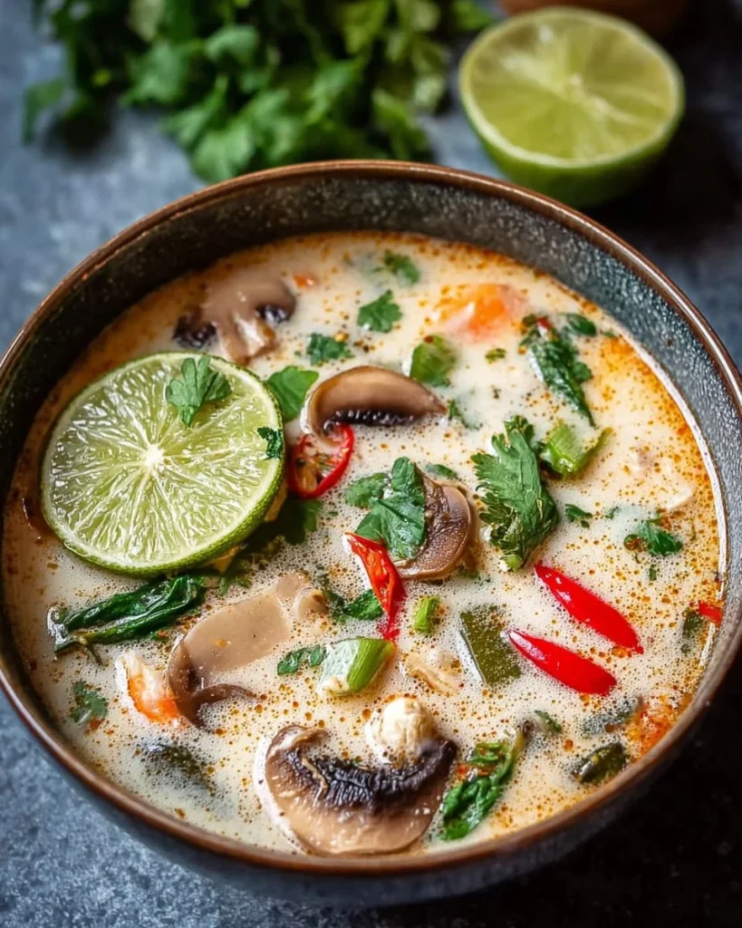 Bowl of authentic Tom Kha Gai soup with herbs and spices