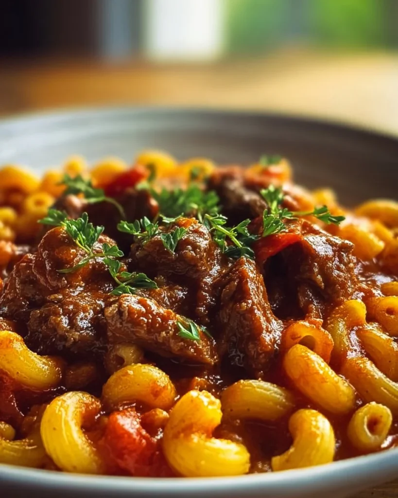 Delicious Beefy American Goulash served in a bowl with fresh herbs