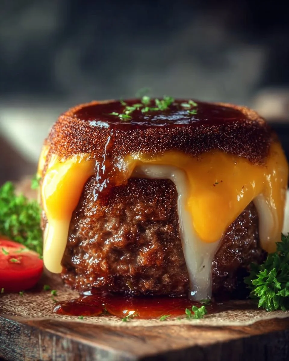 Delicious cheeseburger lava cake with molten cheese center and juicy burger texture.