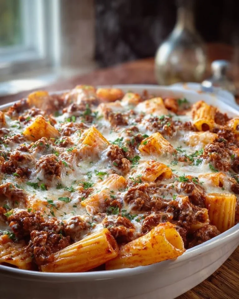 Cheesy beef rigatoni bake served in a casserole dish, garnished with herbs.