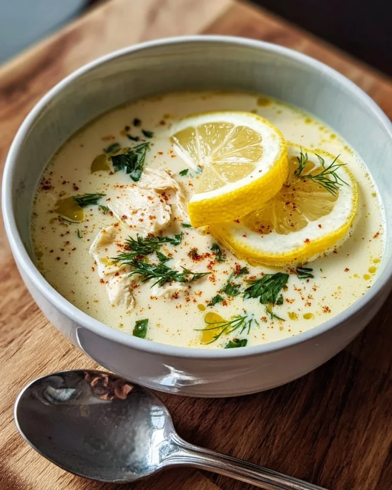 Bowl of classic Avgolemono Greek egg and lemon soup garnished with parsley.