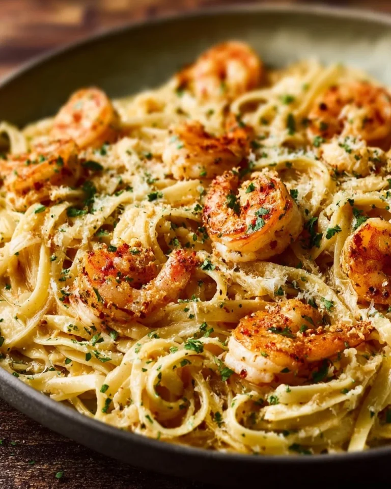 Delicious creamy garlic shrimp pasta served in a bowl with herbs.