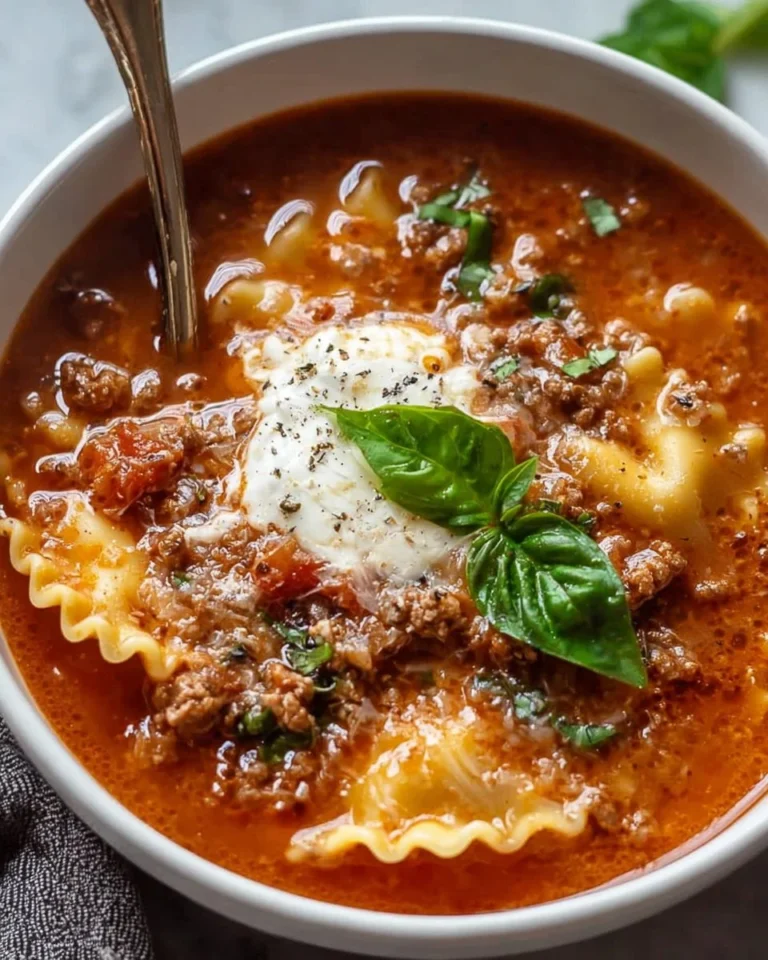 Bowl of easy lasagna soup with cheese and herbs, ready to enjoy.