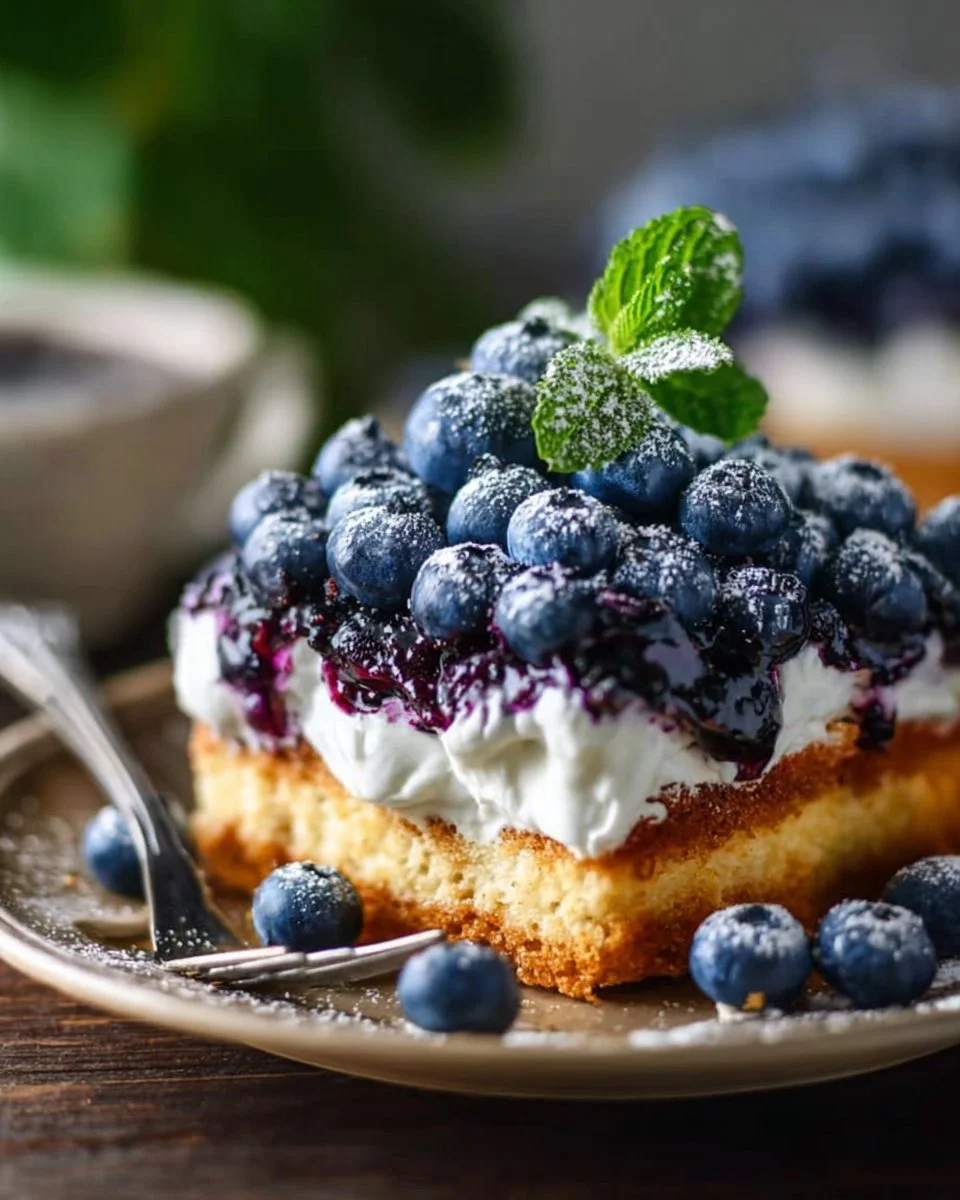 Delicious easy sheet pan blueberry shortcake garnished with fresh blueberries