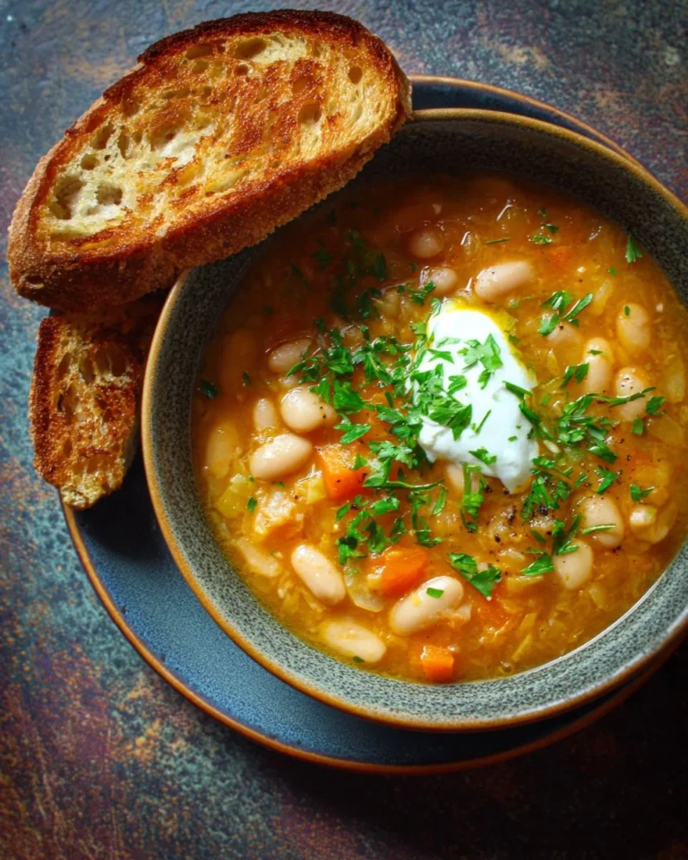 Bowl of fire-roasted white bean soup garnished with herbs