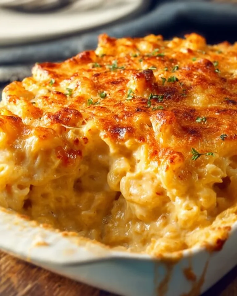 Delicious baked three-cheese mac and cheese dish, creamy and satisfying