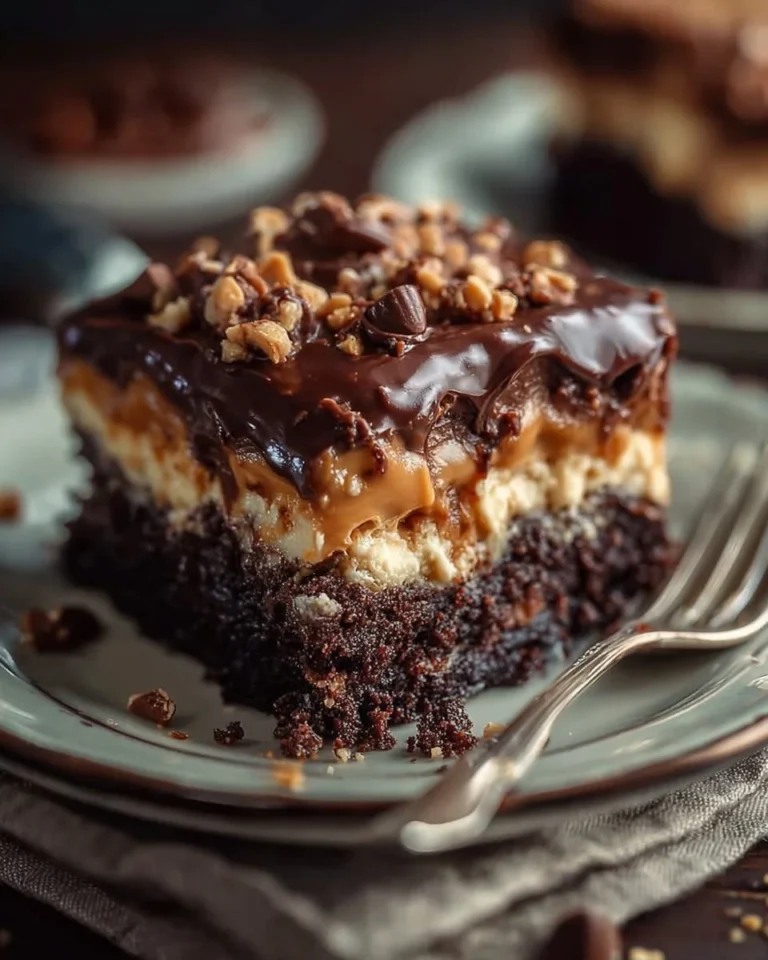 Moist chocolate peanut butter poke cake topped with creamy frosting