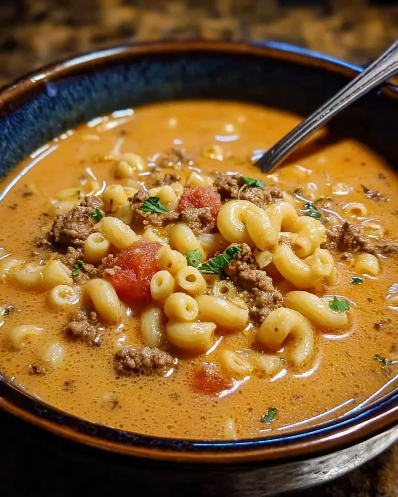 Bowls of one-pot macaroni cheeseburger soup topped with cheese and herbs