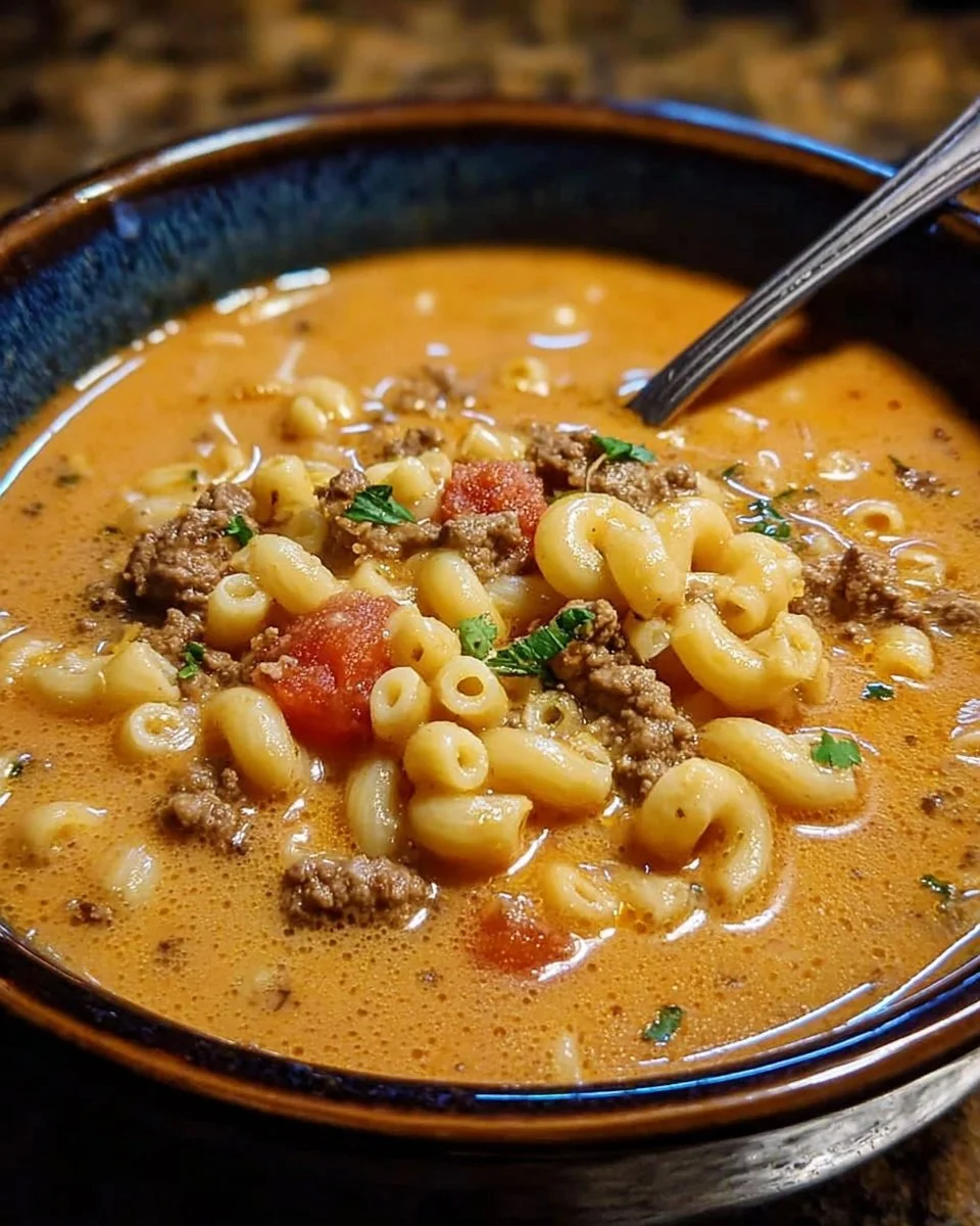 Bowls of one-pot macaroni cheeseburger soup topped with cheese and herbs