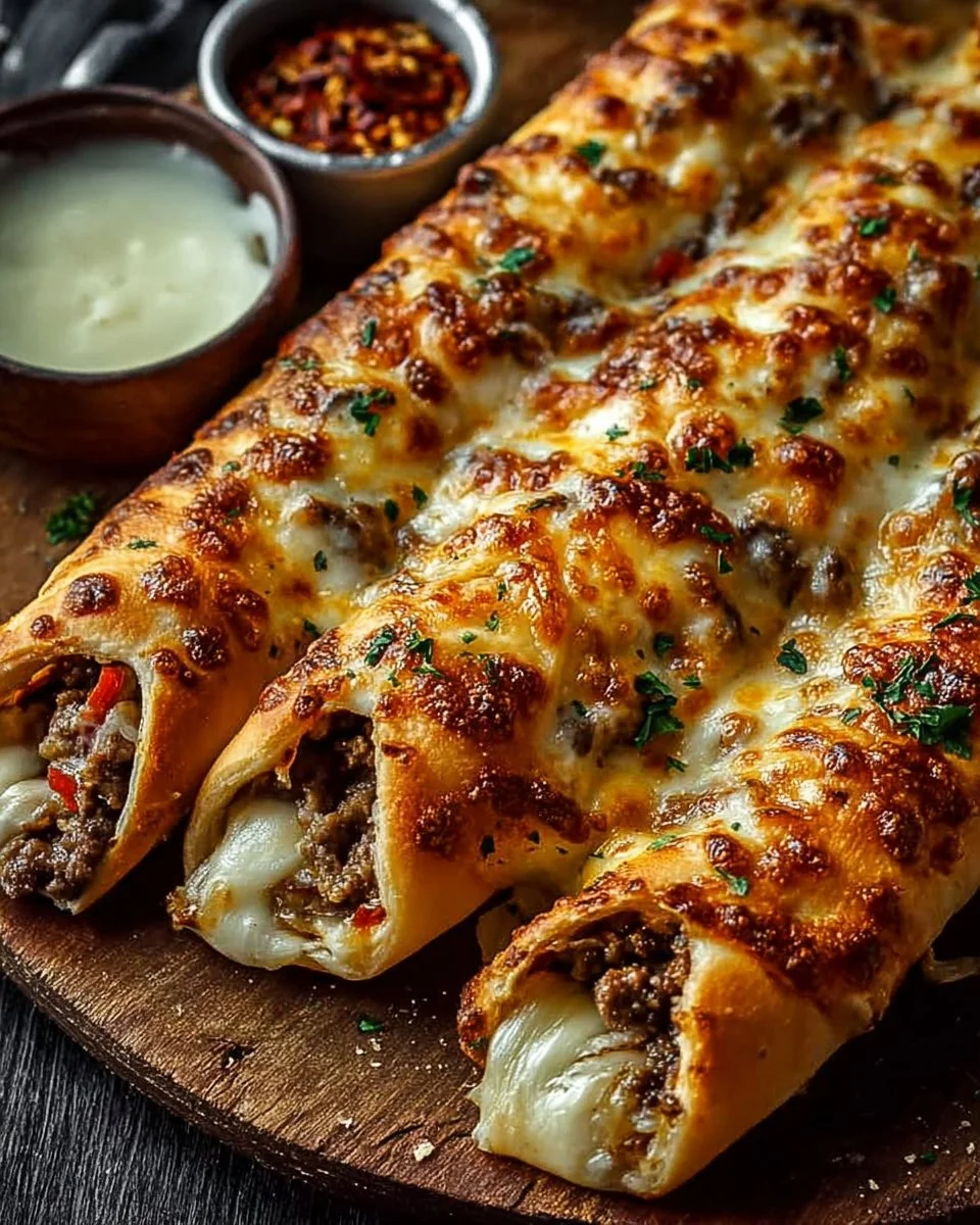 Philly cheesesteak stuffed cheesy breadsticks served with dipping sauce