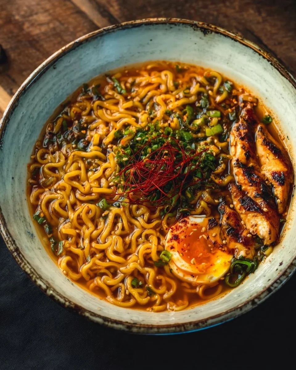 A bowl of spicy chicken ramen topped with green onions and chili oil.