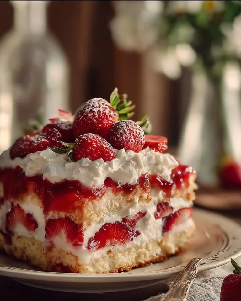 Delicious Strawberry Heaven on Earth Cake topped with fresh strawberries