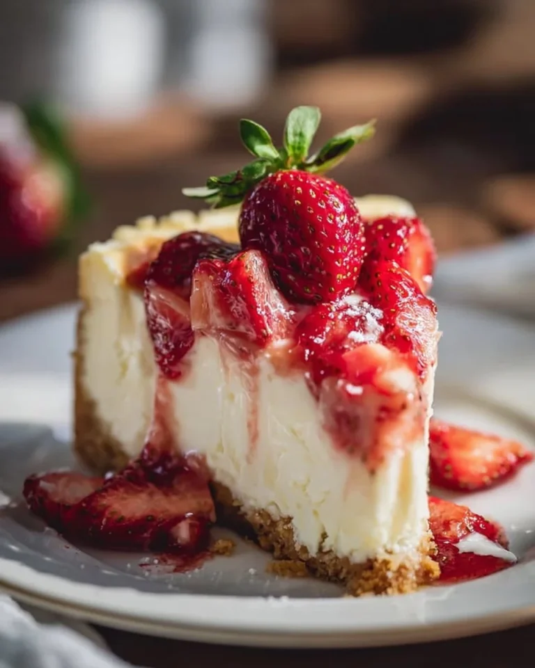 Delicious white chocolate strawberry cheesecake topped with fresh strawberries.
